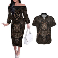 The Viking World Tour Couples Matching Off The Shoulder Long Sleeve Dress and Hawaiian Shirt Ancient Celtic Knot Patterns - Wonder Print Shop