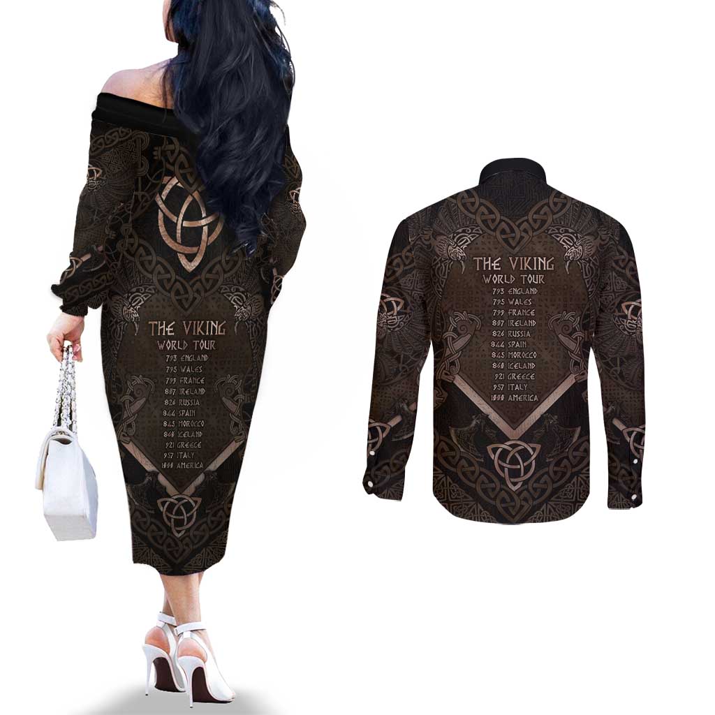 The Viking World Tour Couples Matching Off The Shoulder Long Sleeve Dress and Long Sleeve Button Shirt Ancient Celtic Knot Patterns - Wonder Print Shop
