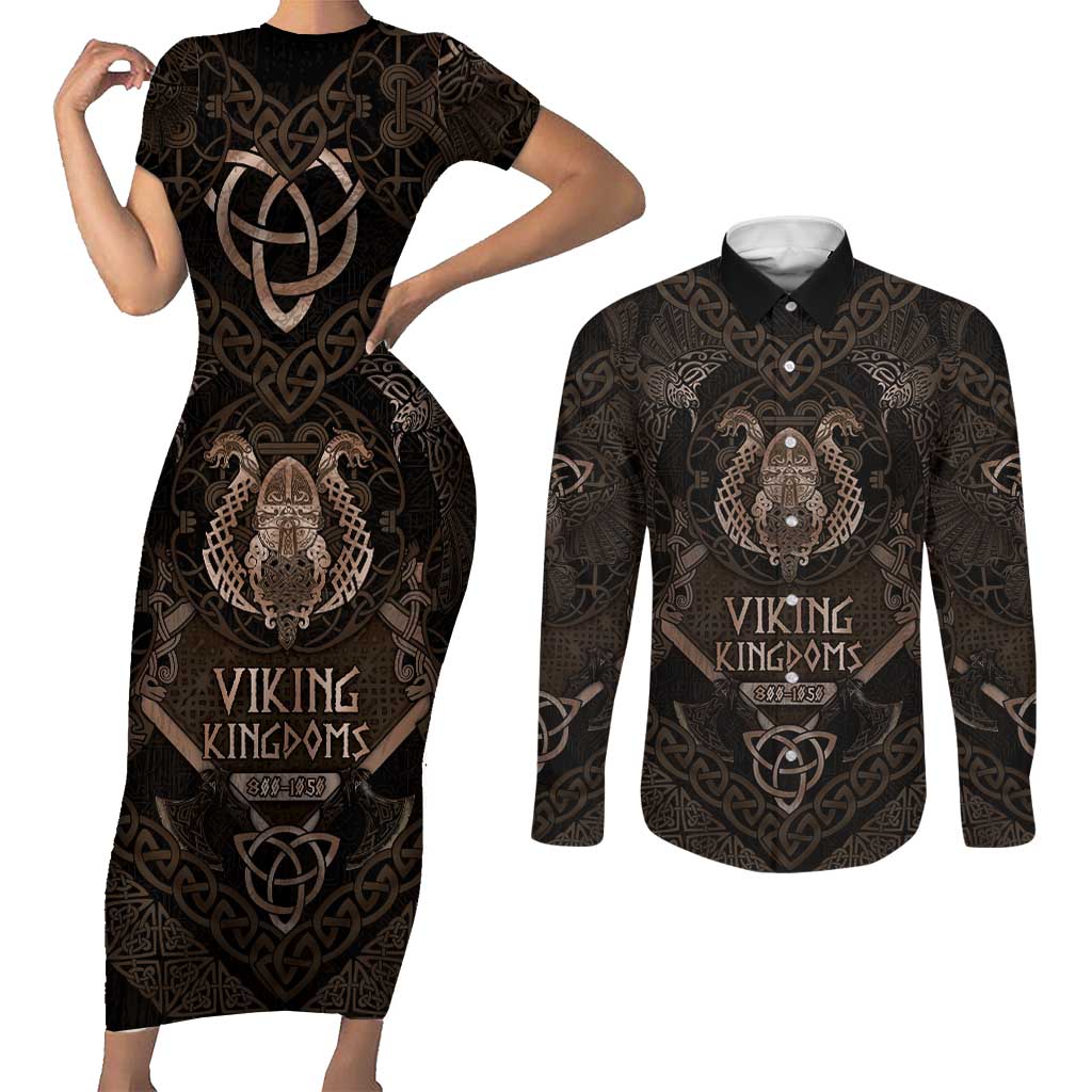 The Viking World Tour Couples Matching Short Sleeve Bodycon Dress and Long Sleeve Button Shirt Ancient Celtic Knot Patterns - Wonder Print Shop