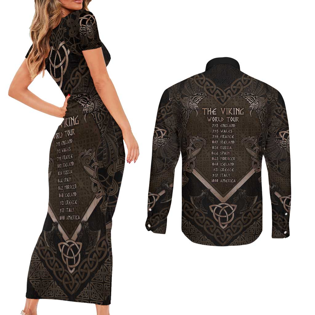 The Viking World Tour Couples Matching Short Sleeve Bodycon Dress and Long Sleeve Button Shirt Ancient Celtic Knot Patterns - Wonder Print Shop