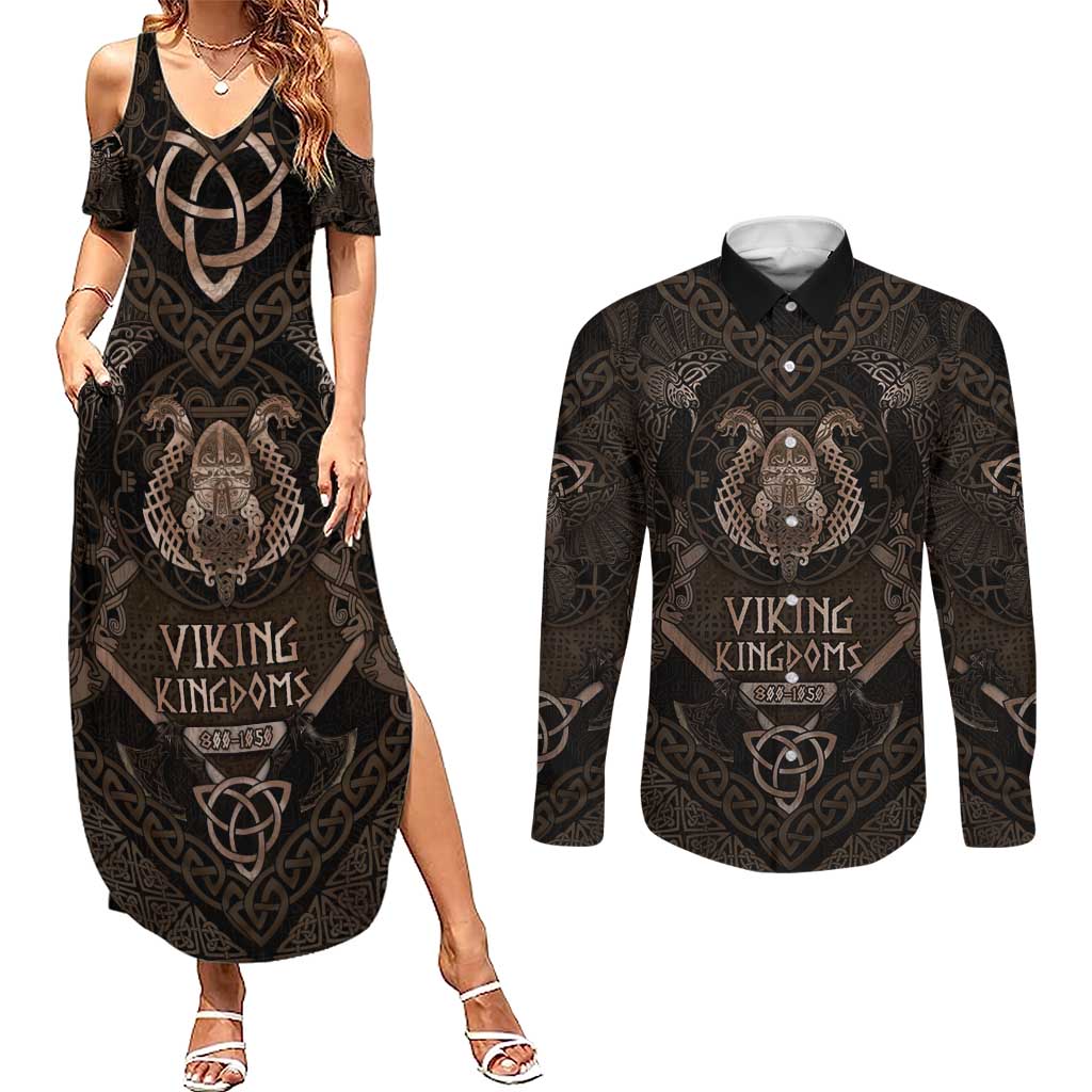The Viking World Tour Couples Matching Summer Maxi Dress and Long Sleeve Button Shirt Ancient Celtic Knot Patterns - Wonder Print Shop