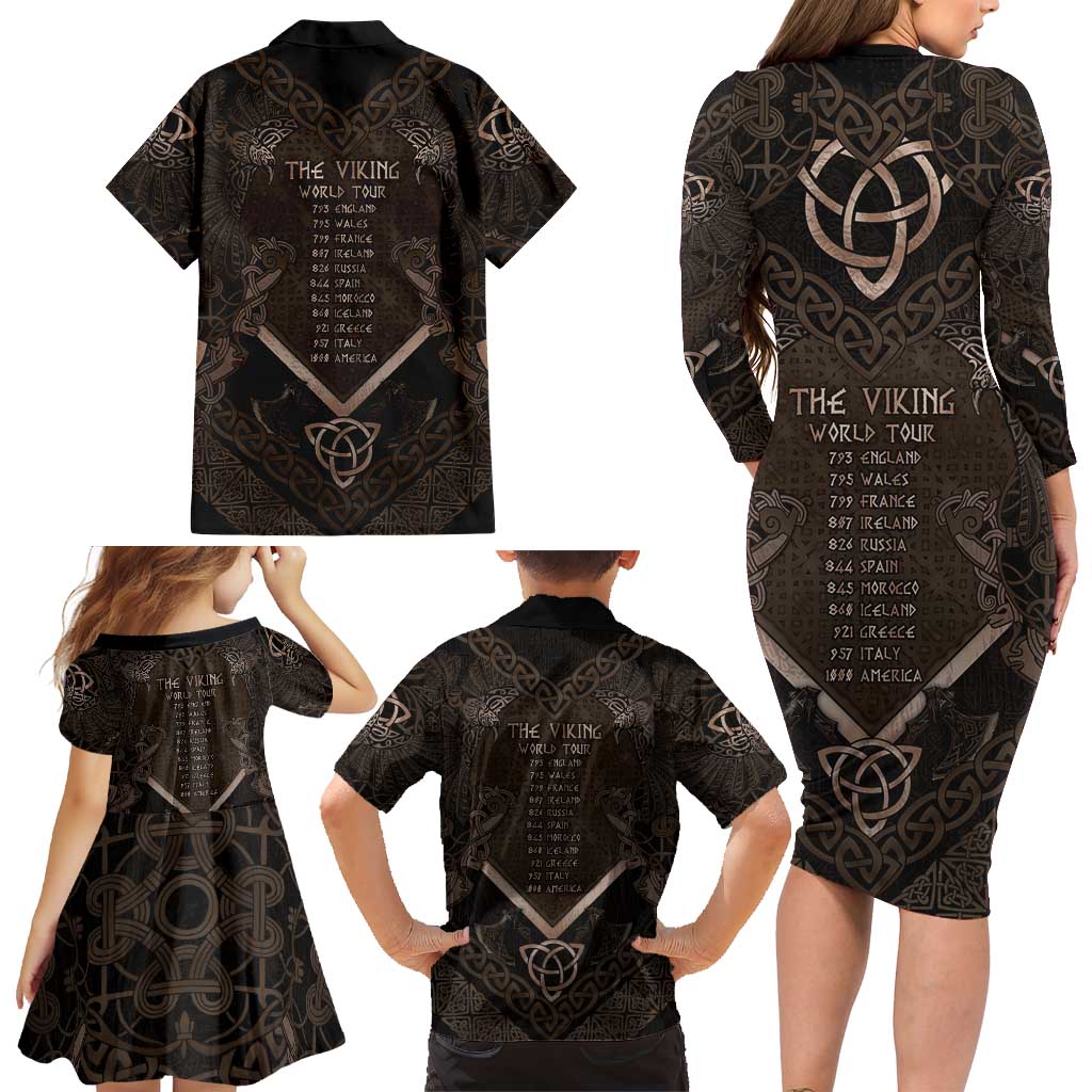 The Viking World Tour Family Matching Long Sleeve Bodycon Dress and Hawaiian Shirt Ancient Celtic Knot Patterns - Wonder Print Shop