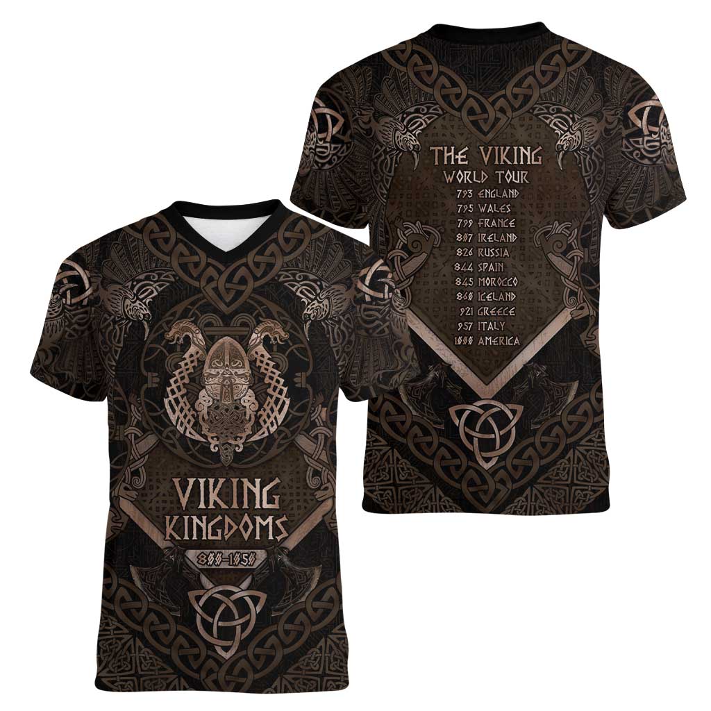 The Viking World Tour Women V-Neck T-Shirt Ancient Celtic Knot Patterns - Wonder Print Shop