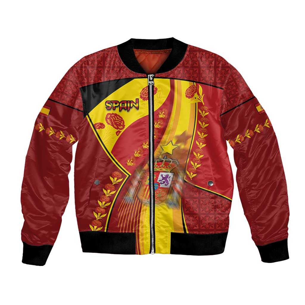 Custom Spain Football Bomber Jacket Traditional Spanish Carnation Floral Patriotic Motif