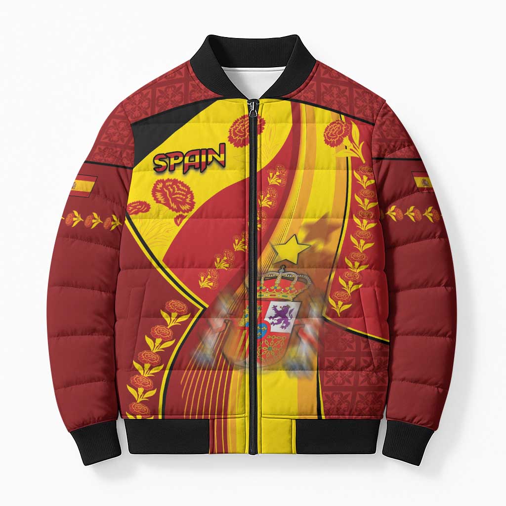 Custom Spain Football Bomber Puffer Jacket Traditional Spanish Carnation Floral Patriotic Motif