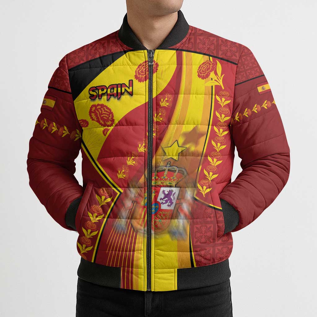 Custom Spain Football Bomber Puffer Jacket Traditional Spanish Carnation Floral Patriotic Motif
