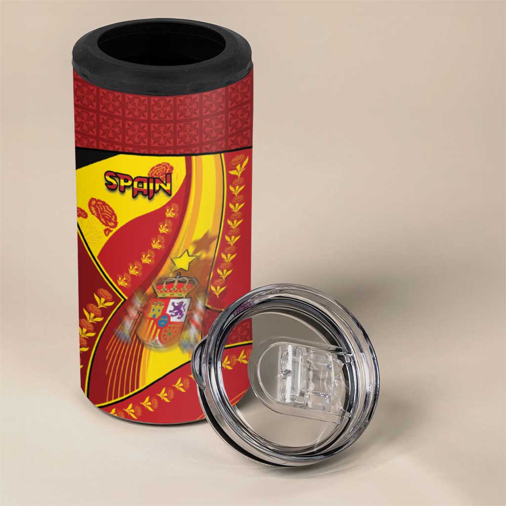 Custom Spain Football 4 in 1 Can Cooler Tumbler Traditional Spanish Carnation Floral Patriotic Motif