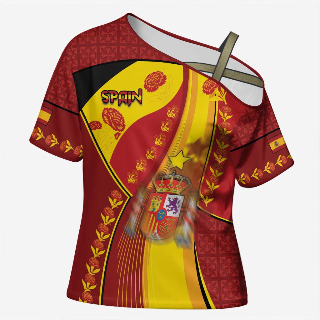 Custom Spain Football Cross Shoulder Shirt Traditional Spanish Carnation Floral Patriotic Motif