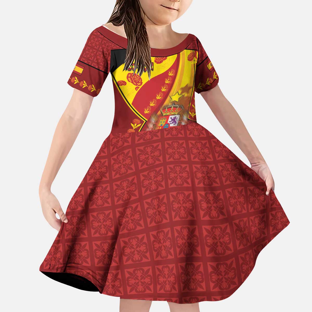 Custom Spain Football Kid Short Sleeve Dress Traditional Spanish Carnation Floral Patriotic Motif