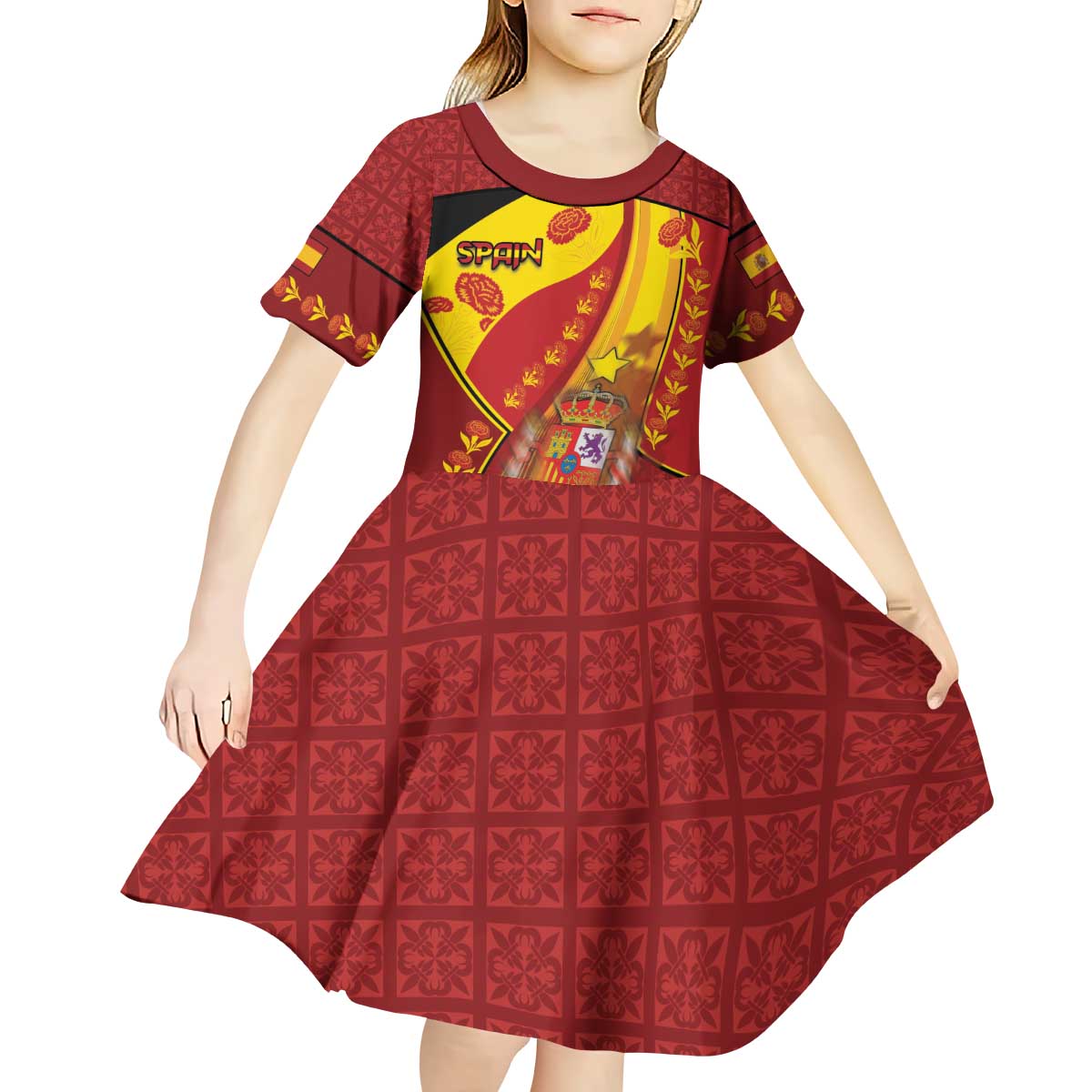 Custom Spain Football Kid Short Sleeve Dress Traditional Spanish Carnation Floral Patriotic Motif