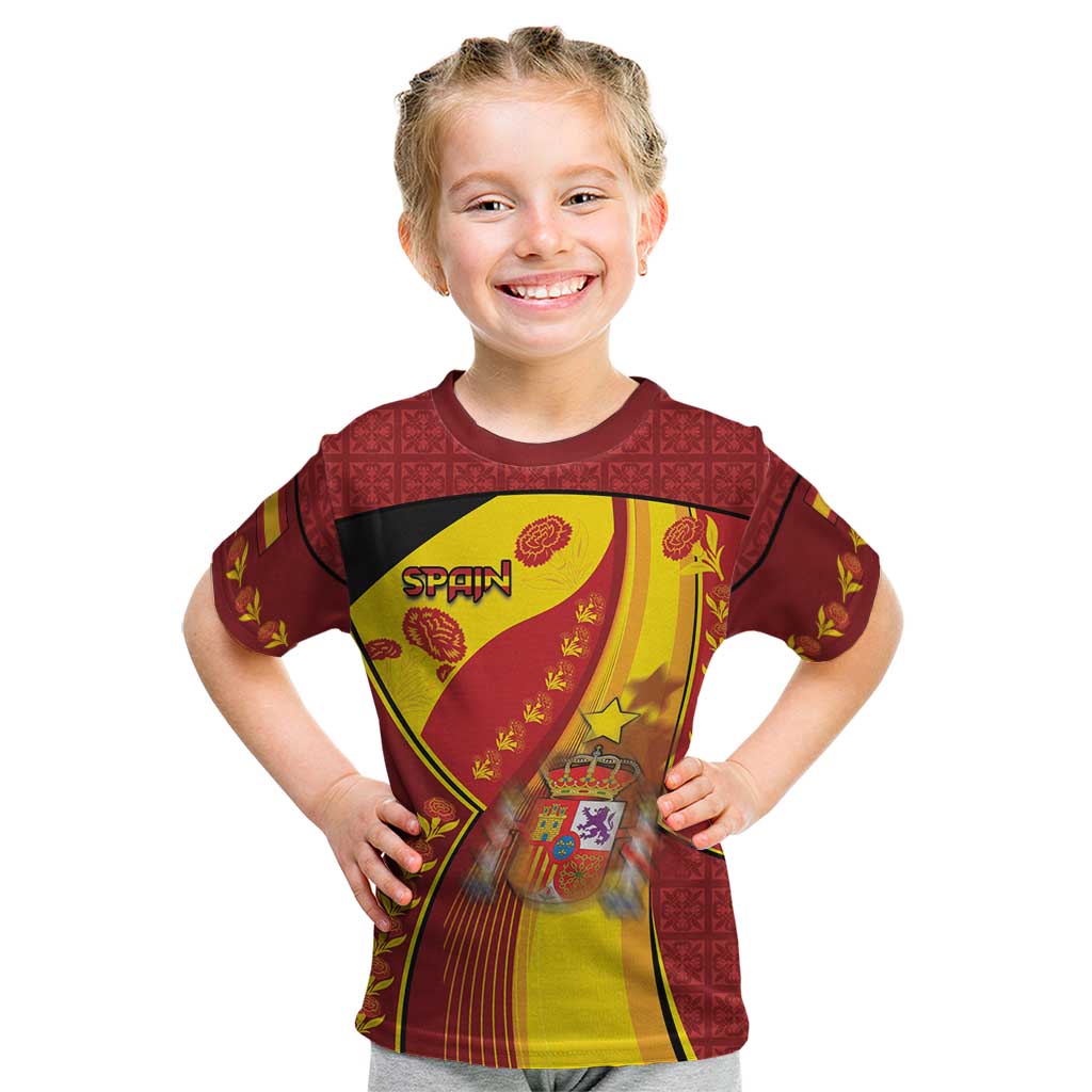 Custom Spain Football Kid T Shirt Traditional Spanish Carnation Floral Patriotic Motif