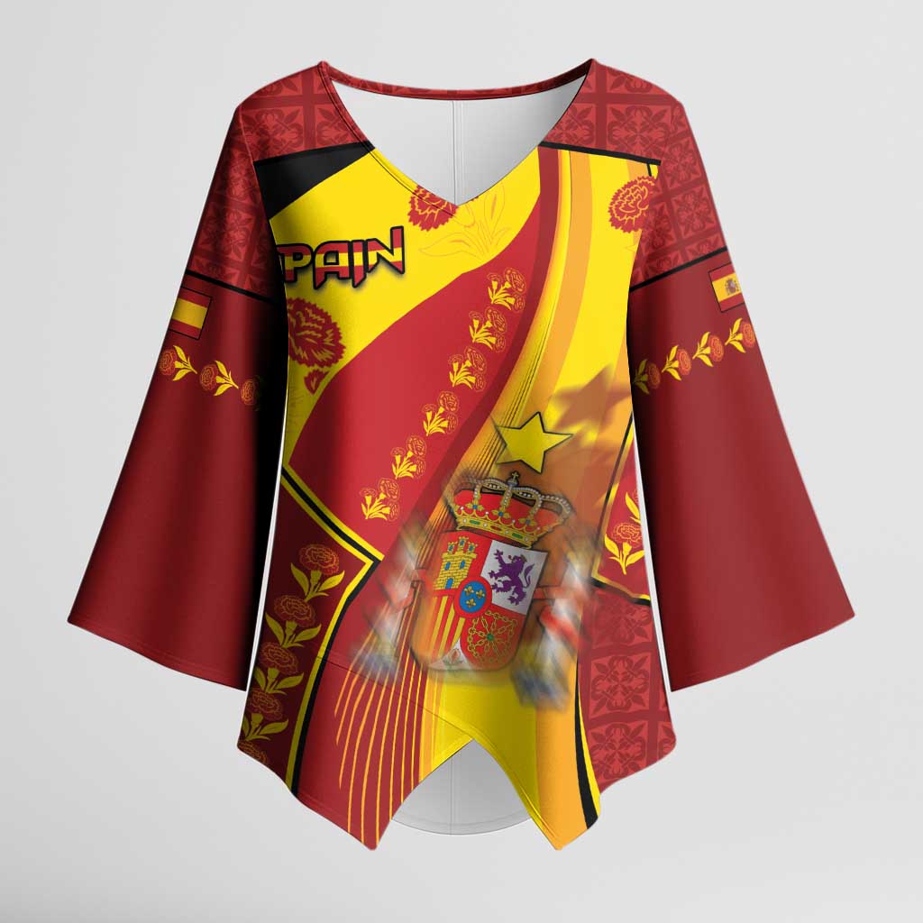 Custom Spain Football Kimono Sleeve Blouse Traditional Spanish Carnation Floral Patriotic Motif