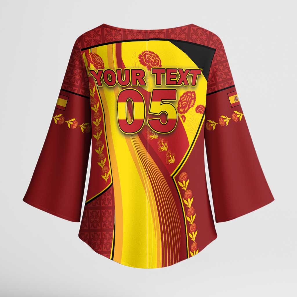 Custom Spain Football Kimono Sleeve Blouse Traditional Spanish Carnation Floral Patriotic Motif