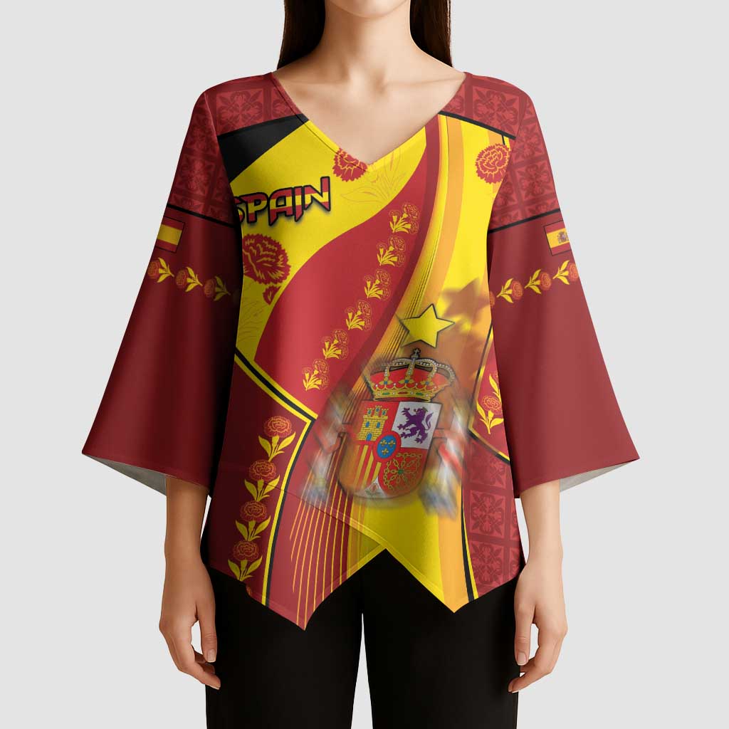 Custom Spain Football Kimono Sleeve Blouse Traditional Spanish Carnation Floral Patriotic Motif