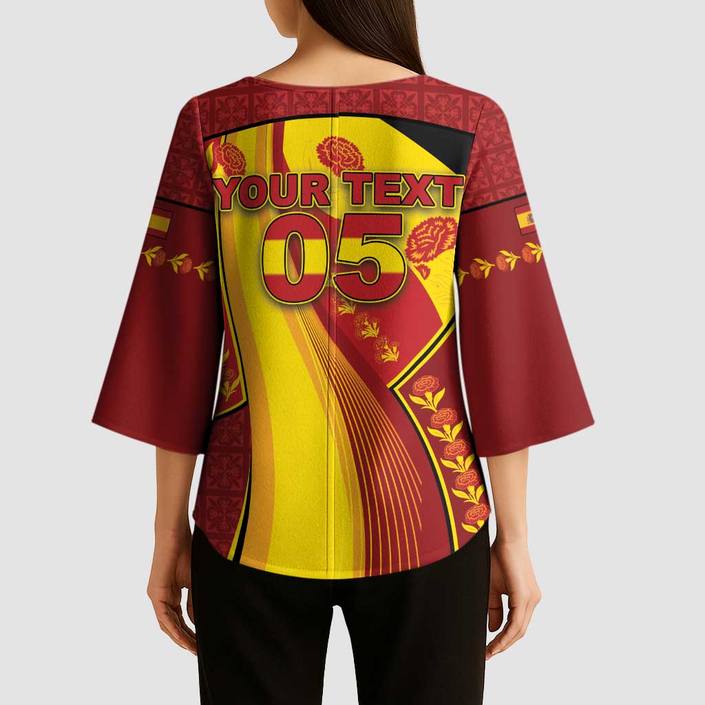 Custom Spain Football Kimono Sleeve Blouse Traditional Spanish Carnation Floral Patriotic Motif