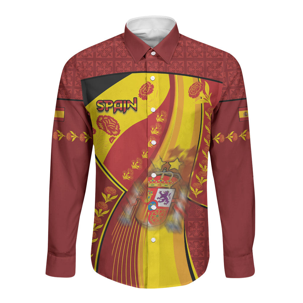 Custom Spain Football Long Sleeve Button Shirt Traditional Spanish Carnation Floral Patriotic Motif DT05