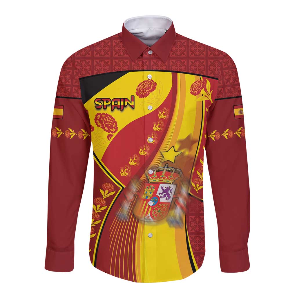 Custom Spain Football Long Sleeve Button Shirt Traditional Spanish Carnation Floral Patriotic Motif