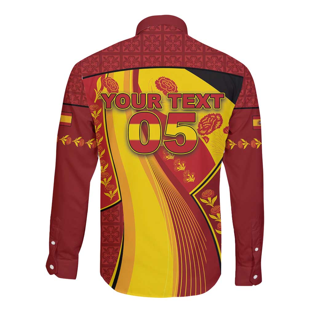 Custom Spain Football Long Sleeve Button Shirt Traditional Spanish Carnation Floral Patriotic Motif