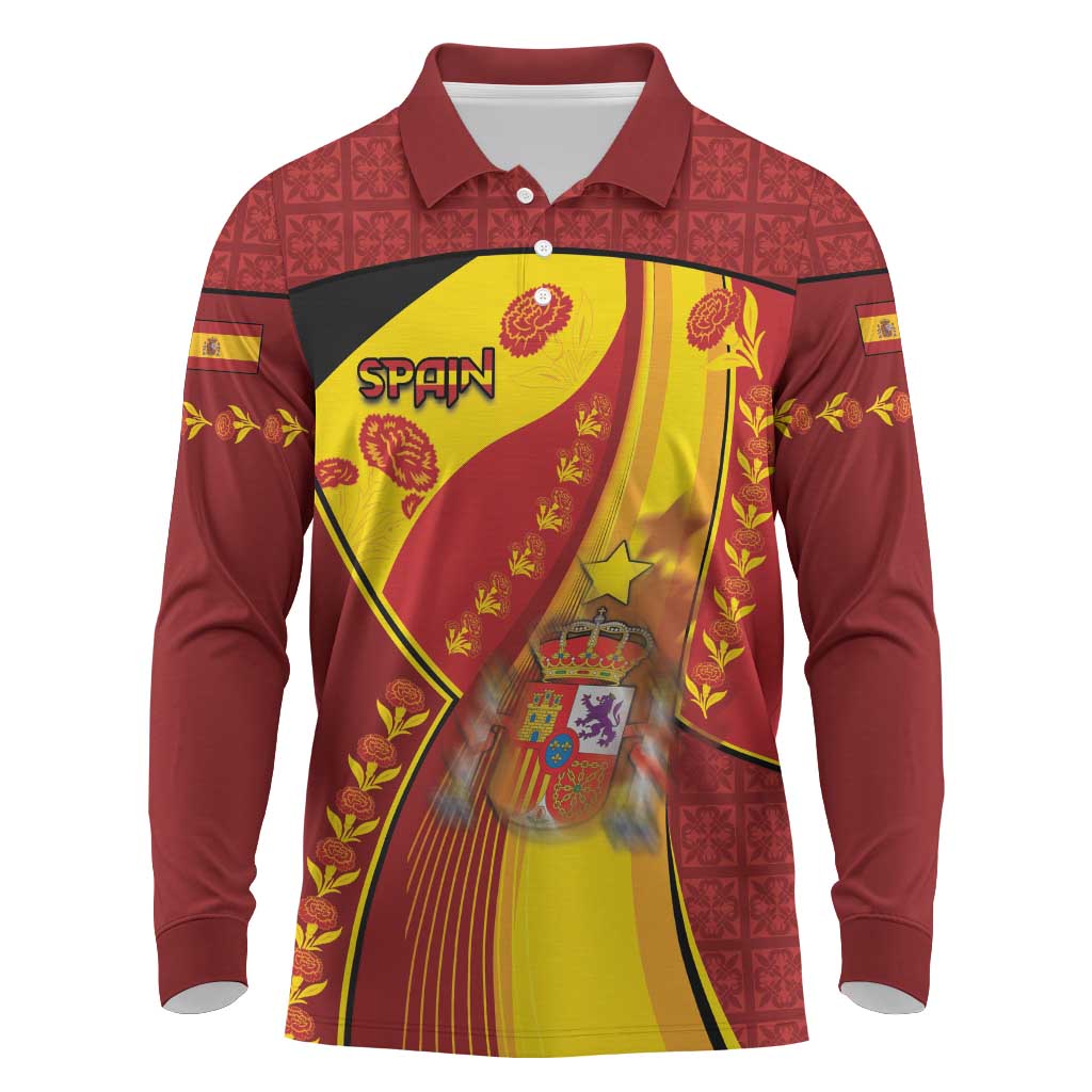 Custom Spain Football Long Sleeve Polo Shirt Traditional Spanish Carnation Floral Patriotic Motif