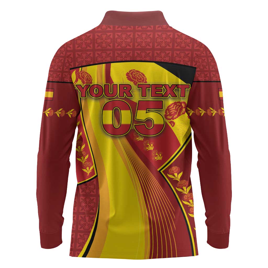 Custom Spain Football Long Sleeve Polo Shirt Traditional Spanish Carnation Floral Patriotic Motif