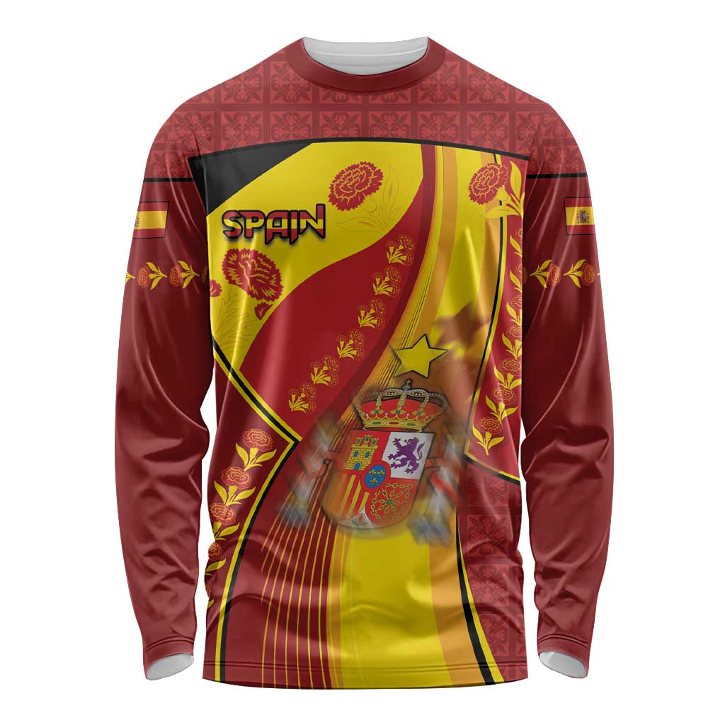 Custom Spain Football Long Sleeve Shirt Traditional Spanish Carnation Floral Patriotic Motif
