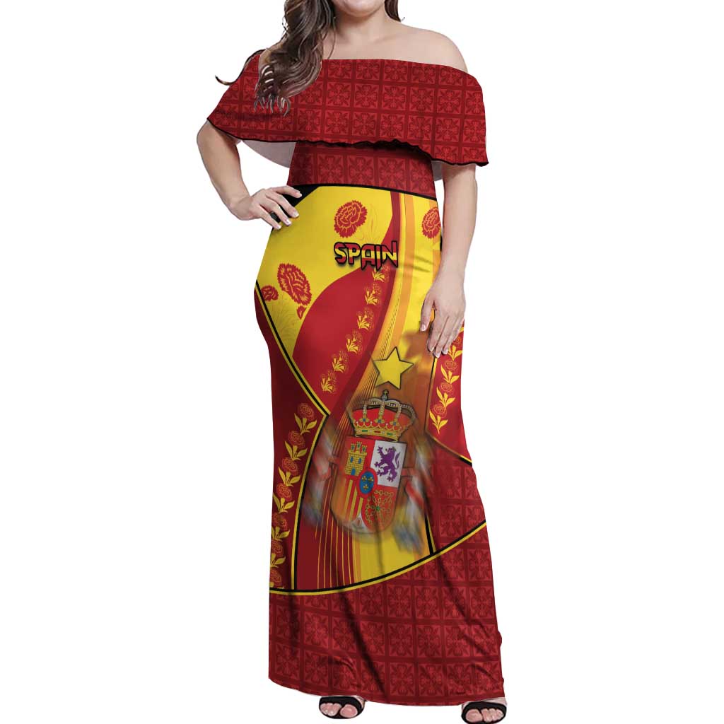 Custom Spain Football Off Shoulder Maxi Dress Traditional Spanish Carnation Floral Patriotic Motif
