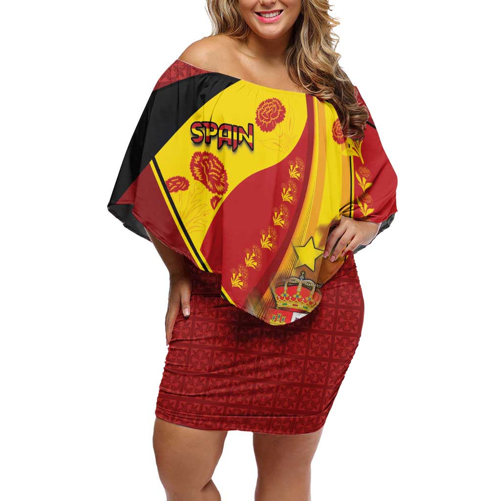Custom Spain Football Off Shoulder Short Dress Traditional Spanish Carnation Floral Patriotic Motif