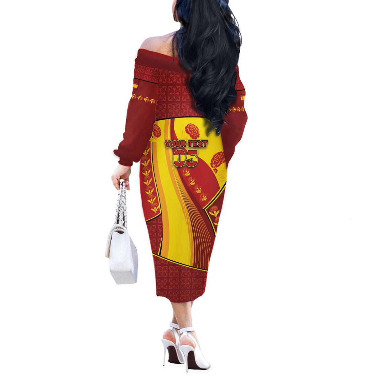 Custom Spain Football Off The Shoulder Long Sleeve Dress Traditional Spanish Carnation Floral Patriotic Motif