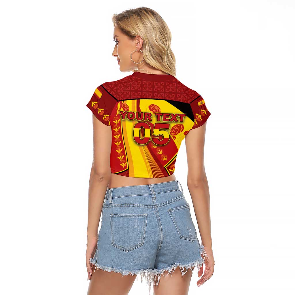 Custom Spain Football Raglan Cropped T Shirt Traditional Spanish Carnation Floral Patriotic Motif