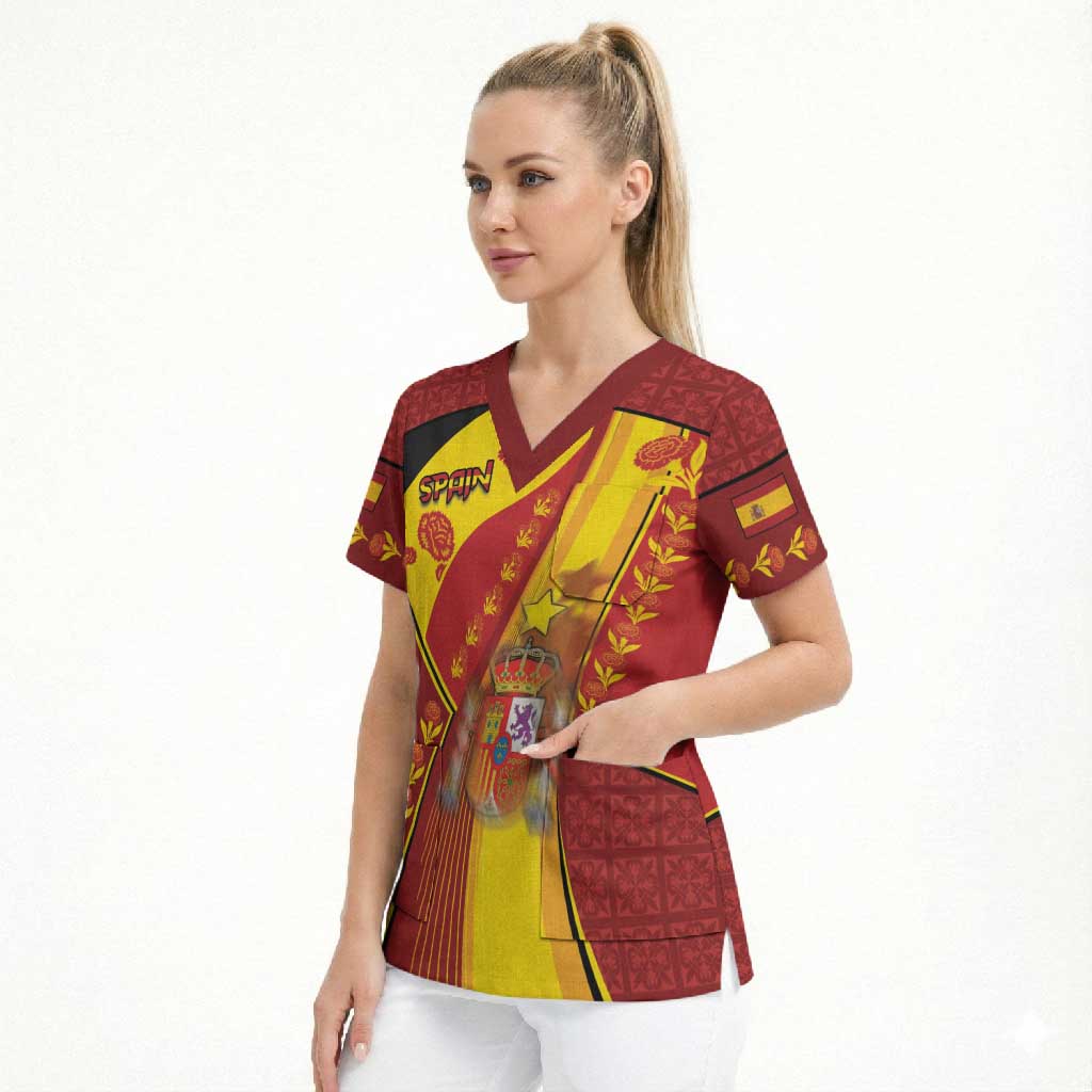 Custom Spain Football Scrub Top Traditional Spanish Carnation Floral Patriotic Motif
