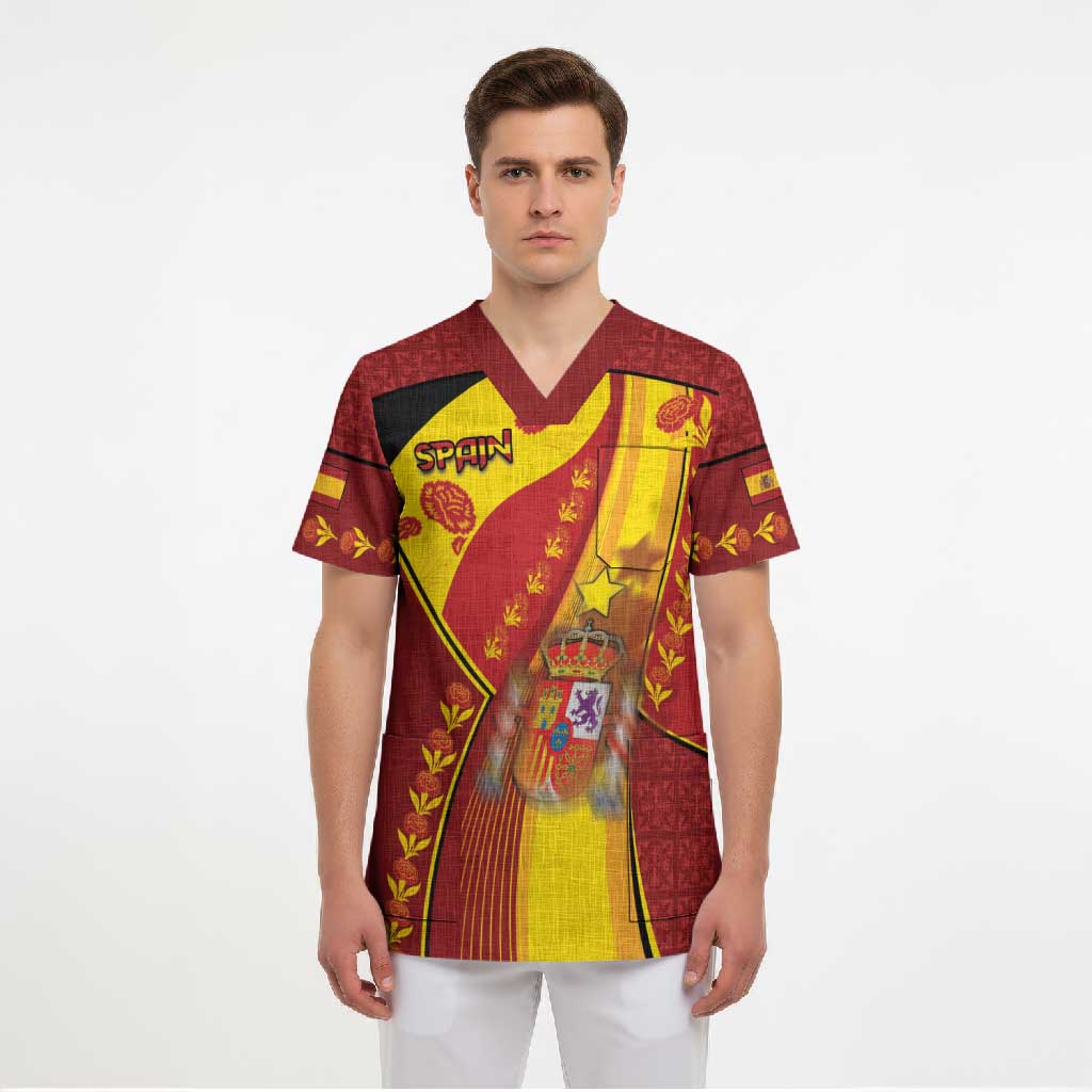 Custom Spain Football Scrub Top Traditional Spanish Carnation Floral Patriotic Motif
