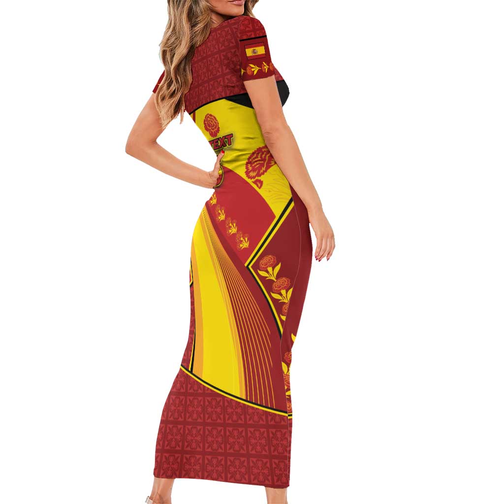 Custom Spain Football Short Sleeve Bodycon Dress Traditional Spanish Carnation Floral Patriotic Motif