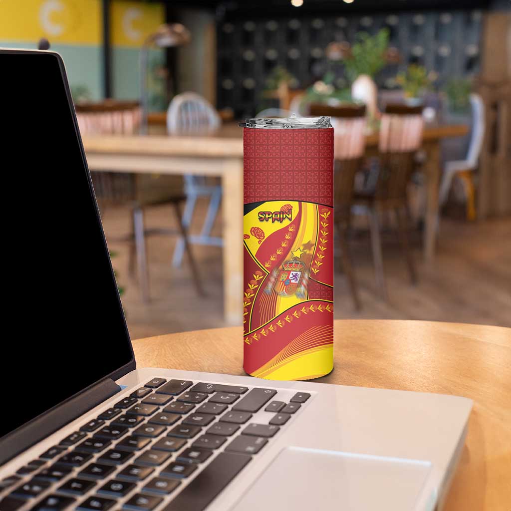 Custom Spain Football Skinny Tumbler Traditional Spanish Carnation Floral Patriotic Motif