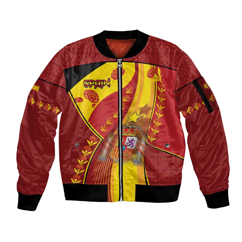 Custom Spain Football Sleeve Zip Bomber Jacket Traditional Spanish Carnation Floral Patriotic Motif