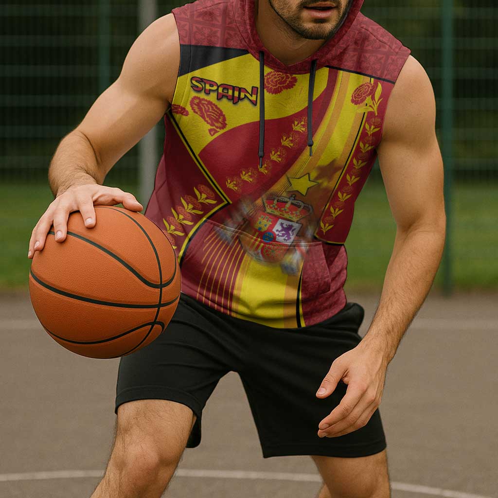 Custom Spain Football Sleeveless Hoodie Traditional Spanish Carnation Floral Patriotic Motif