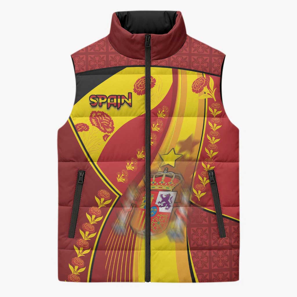Custom Spain Football Sleeveless Puffer Jacket Traditional Spanish Carnation Floral Patriotic Motif
