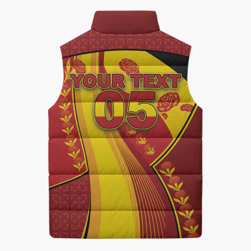 Custom Spain Football Sleeveless Puffer Jacket Traditional Spanish Carnation Floral Patriotic Motif