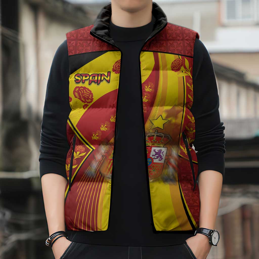 Custom Spain Football Sleeveless Puffer Jacket Traditional Spanish Carnation Floral Patriotic Motif