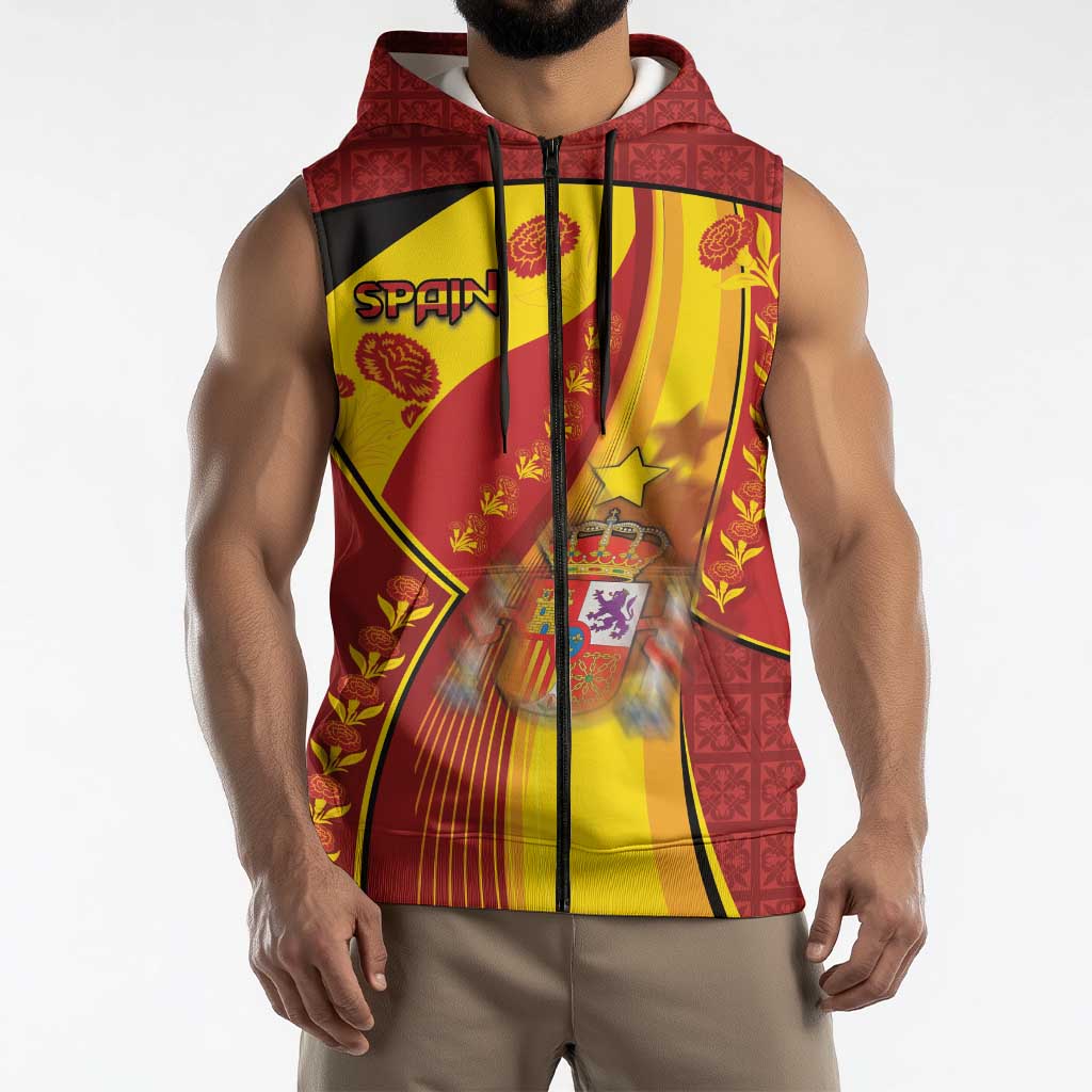Custom Spain Football Sleeveless Zip Hoodie Traditional Spanish Carnation Floral Patriotic Motif