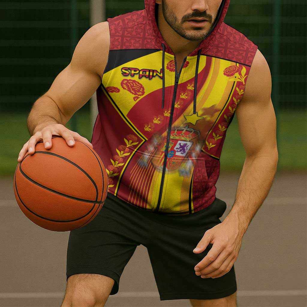Custom Spain Football Sleeveless Zip Hoodie Traditional Spanish Carnation Floral Patriotic Motif