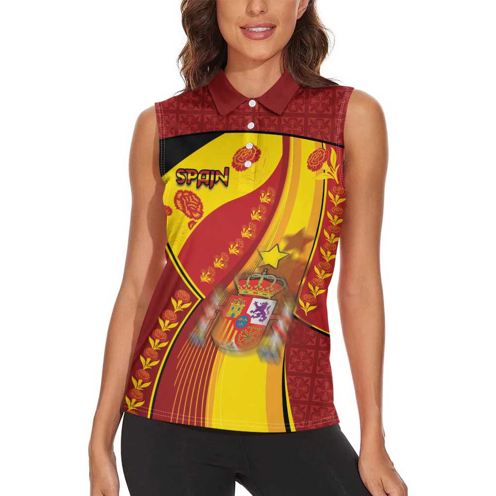 Custom Spain Football Women Sleeveless Polo Shirt Traditional Spanish Carnation Floral Patriotic Motif