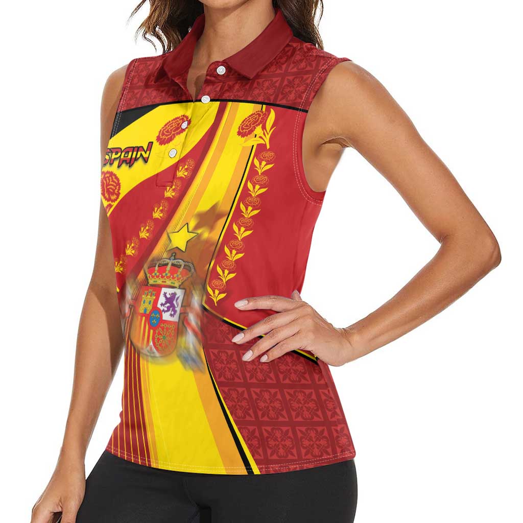 Custom Spain Football Women Sleeveless Polo Shirt Traditional Spanish Carnation Floral Patriotic Motif