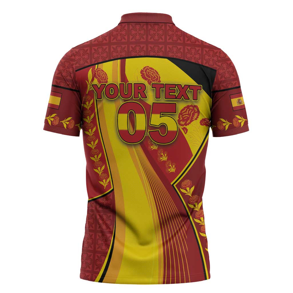Custom Spain Football Zipper Polo Shirt Traditional Spanish Carnation Floral Patriotic Motif