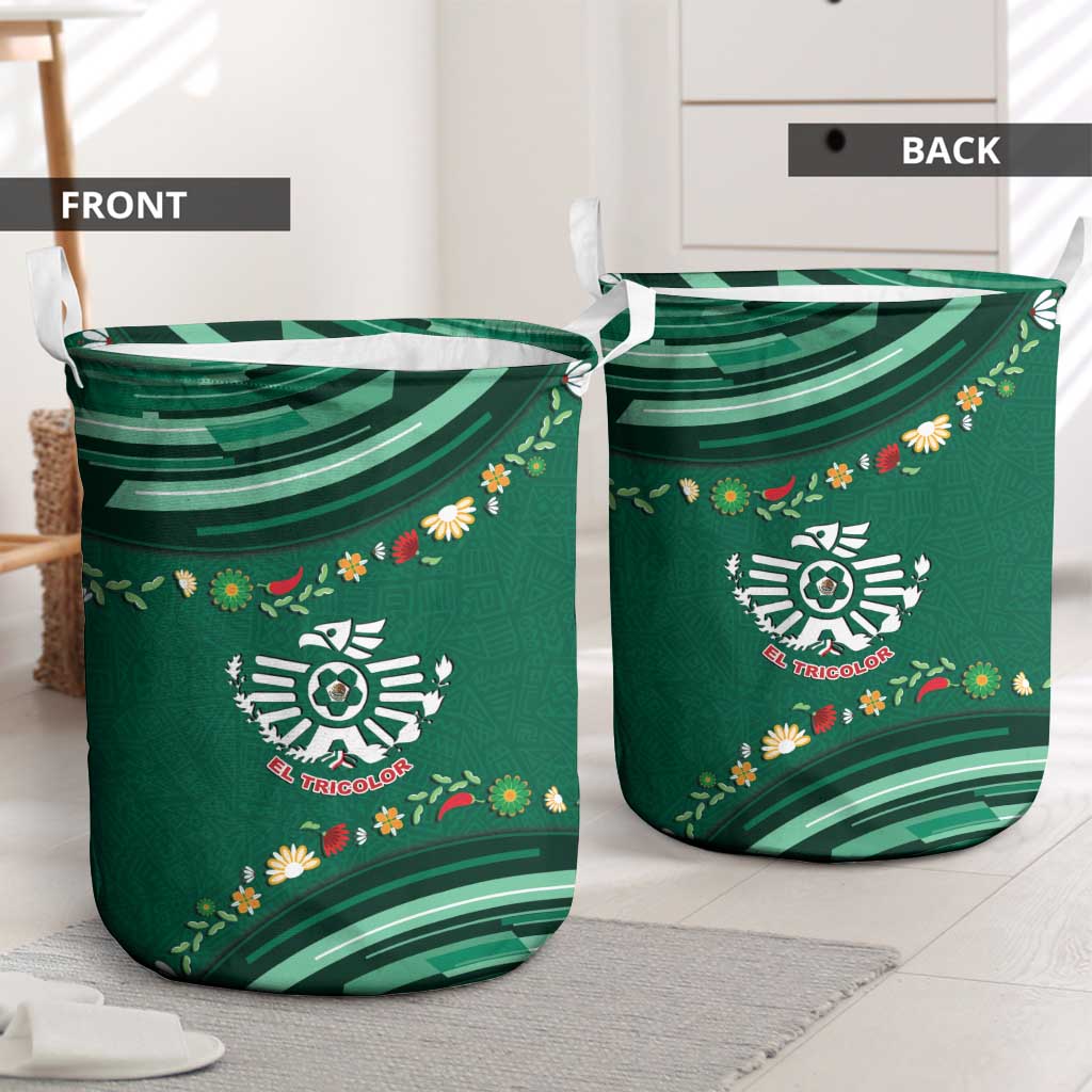 Mexico Football Laundry Basket Aztec Eagle With Mini Floral Patterns