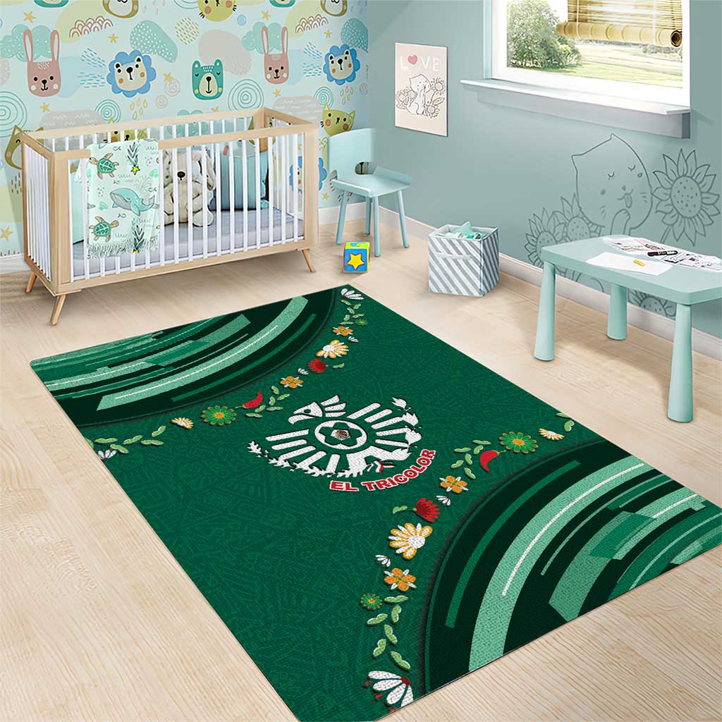Mexico Football Area Rug Aztec Eagle With Mini Floral Patterns