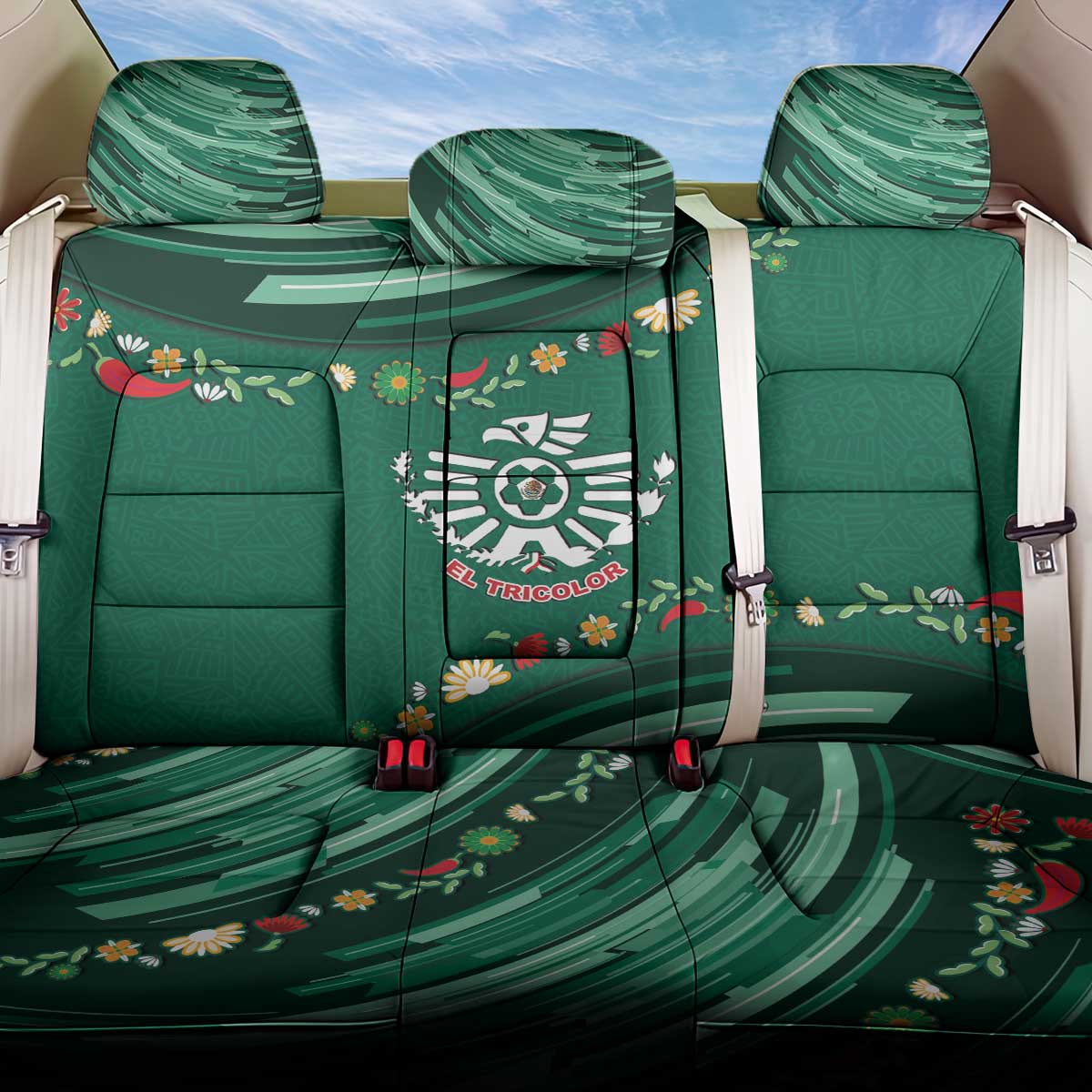 Mexico Football Back Car Seat Cover Aztec Eagle With Mini Floral Patterns