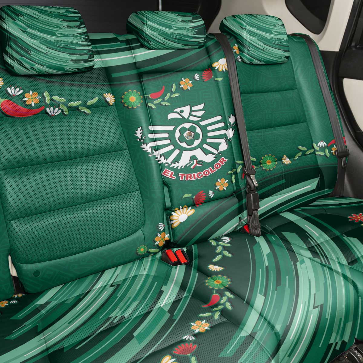 Mexico Football Back Car Seat Cover Aztec Eagle With Mini Floral Patterns