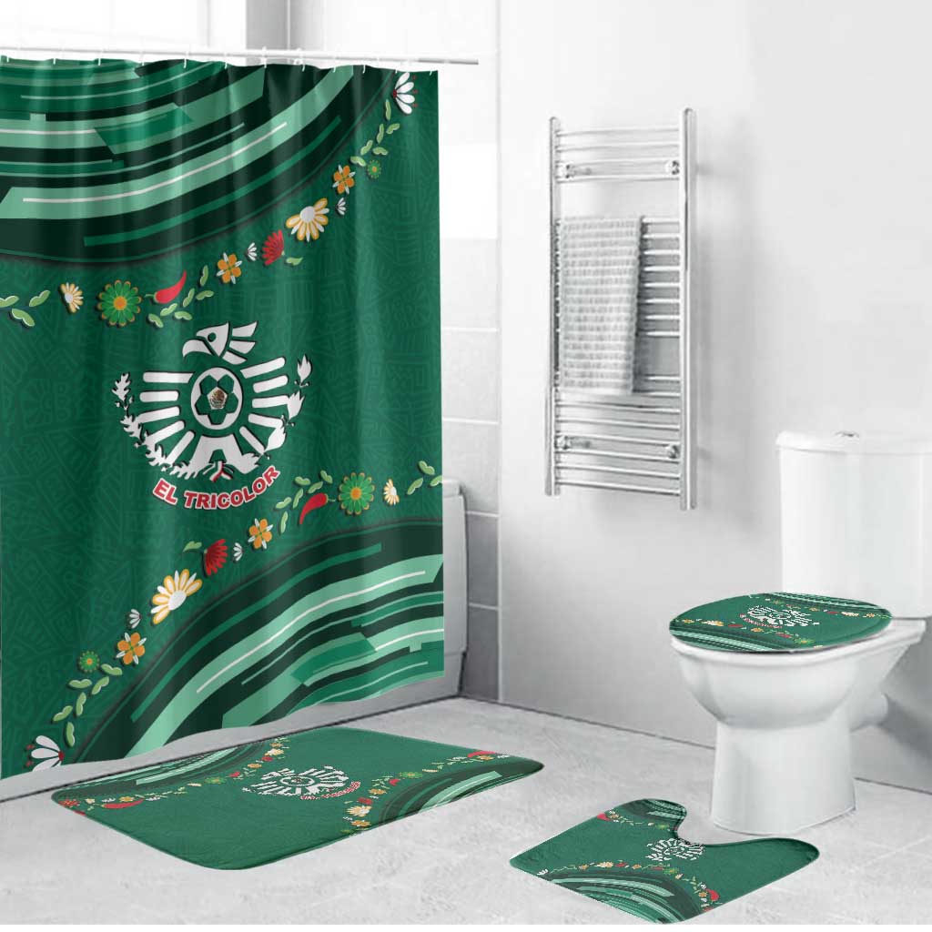 Mexico Football Bathroom Set Aztec Eagle With Mini Floral Patterns