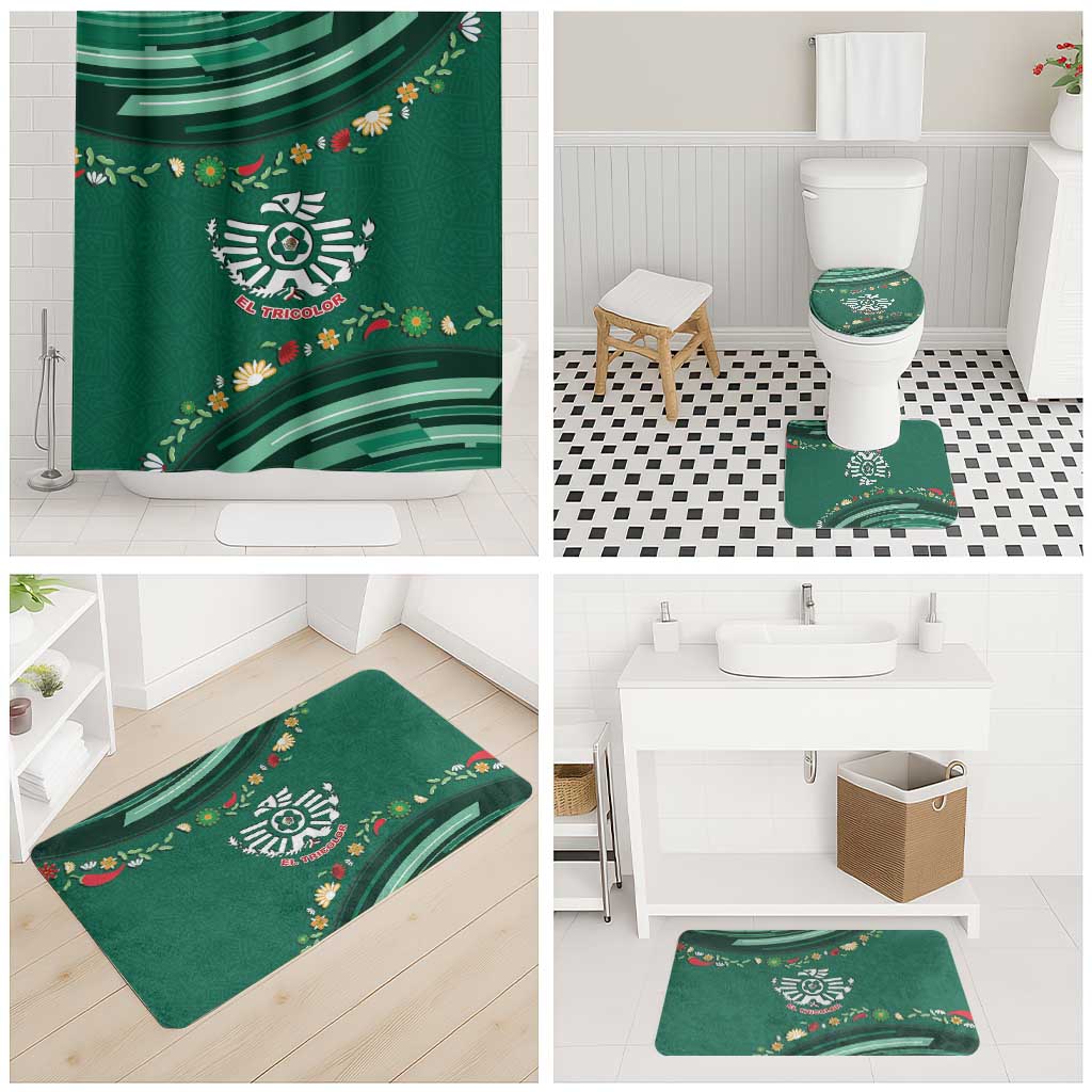 Mexico Football Bathroom Set Aztec Eagle With Mini Floral Patterns