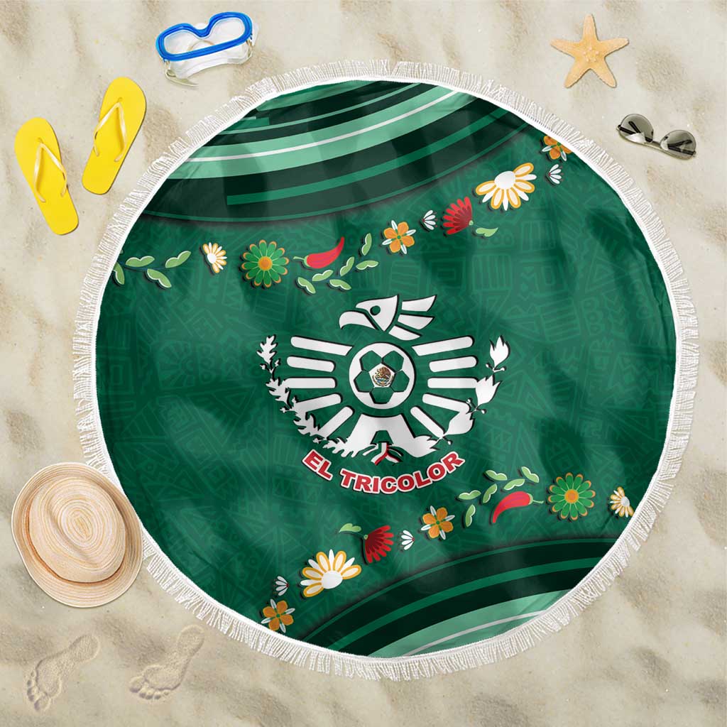 Mexico Football Beach Blanket Aztec Eagle With Mini Floral Patterns
